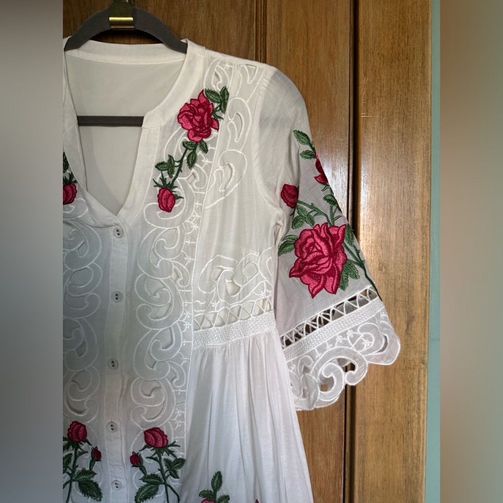 Silk and cotton embroidered lace button front mini dress - Picture 11 of 16